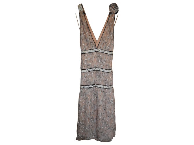 Chanel vestido estampado de seda com broche Pescaria  ref.179226