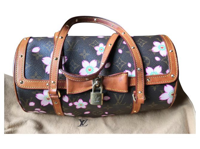 Excelente bolsa Louis Vuitton murakami Papillon Rosa Castanho escuro Lona Pele de cordeiro  ref.179300