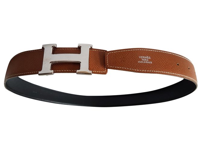 Hermès Cinturones Negro Plata Coñac Cuero Metal  ref.179342