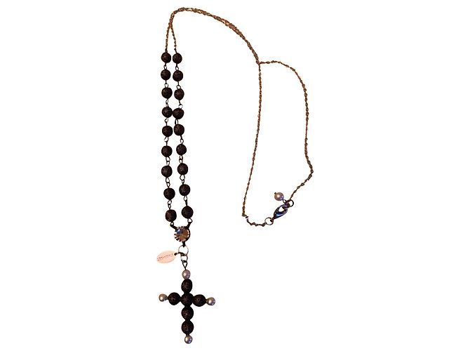 Colar de Cruz Twin Set com Pérolas de Metal e Pérola Branca Bronze