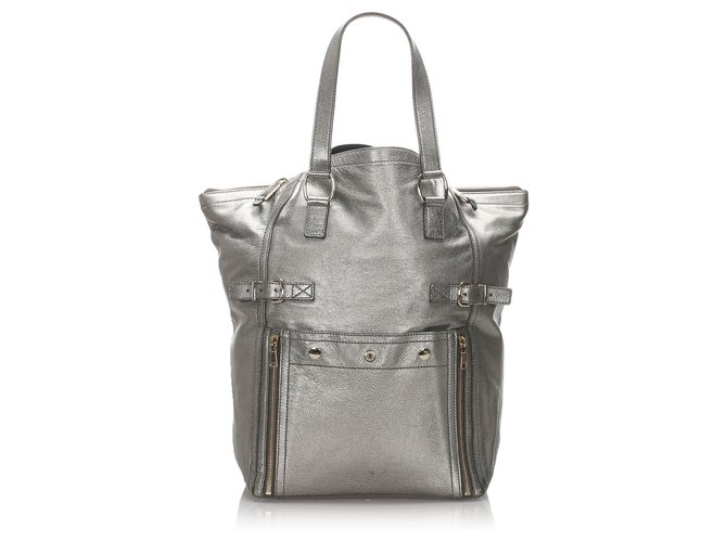 Yves Saint Laurent YSL Gray Patent Leather Downtown Tote Bag Grey  ref.179416