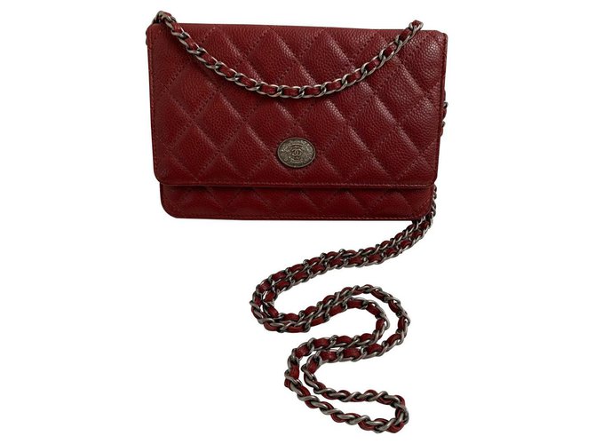 Wallet On Chain Chanel Dark red Leather  ref.179452