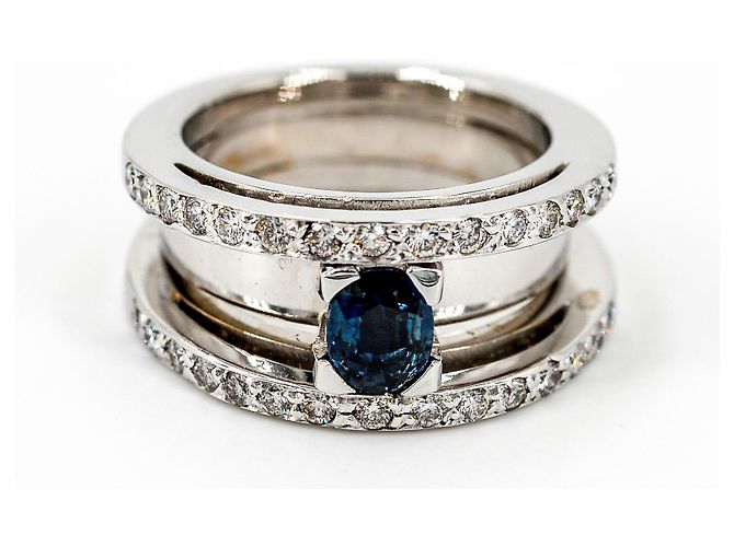 Autre Marque Ring aus Weißgold mit ovalem Saphir und Diamanten Größe 52 Silber