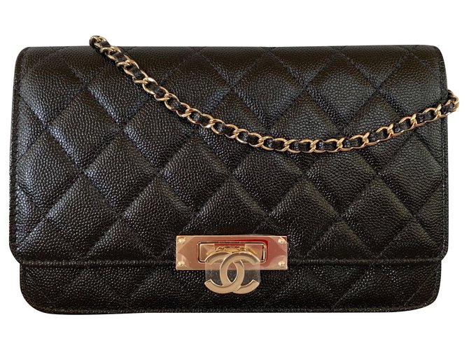 Wallet On Chain Chanel Portefeuille Golden Class sur chaîne en peau de chèvre noire Cuir  ref.179524