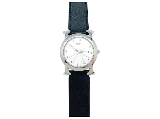 Hermès Uhr, "Runde H", Sehr großes Modell, Stahl auf Leder.  ref.179539