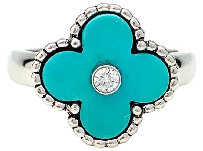 Bague Van Cleef & Arpels "Vintage Alhambra" en or blanc, turquoise et diamant.  ref.179548