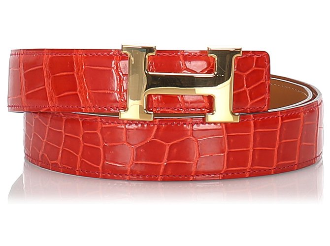 Hermès Cinturón de Constanza reversible de cocodrilo rojo Hermes Roja Dorado Cuero Metal  ref.179601