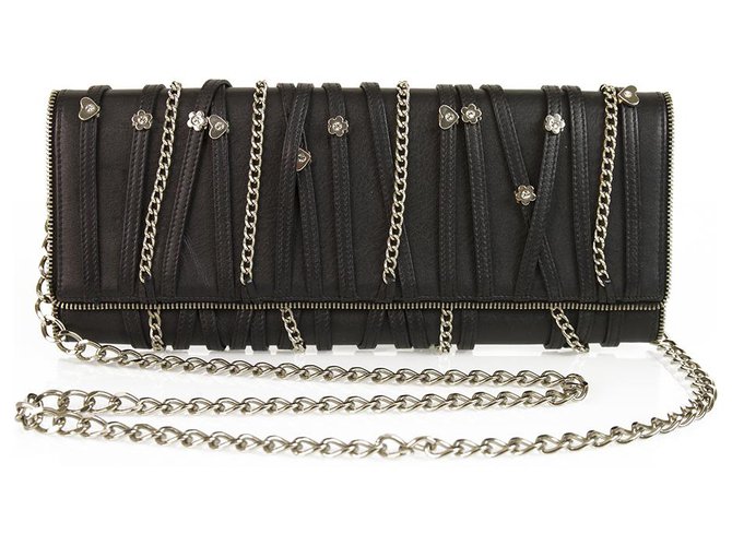 Balmain Night Pearl Black Leather Flap Top Clutch Bag Sac à main Zip Trim Chain Cuir Noir  ref.179973