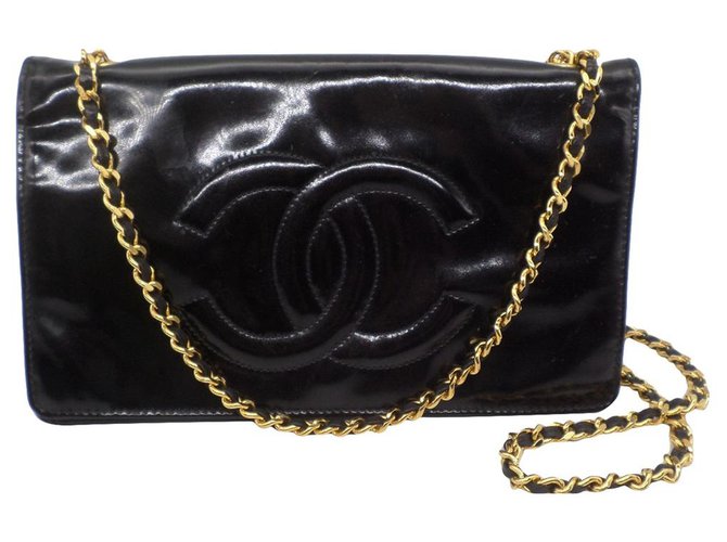 Wallet On Chain Chanel Sacs à main Cuir vernis Noir  ref.180044