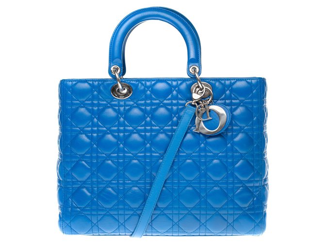 Bolso de mano Christian Dior modelo grande en cuero cannage azul real, Guarnición en métal argenté  ref.180077