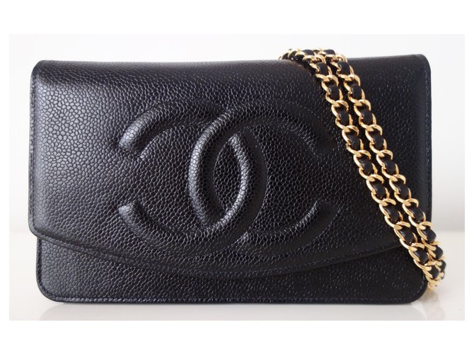 Wallet On Chain Monedero en cadena Chanel Negro Cuero  ref.180089
