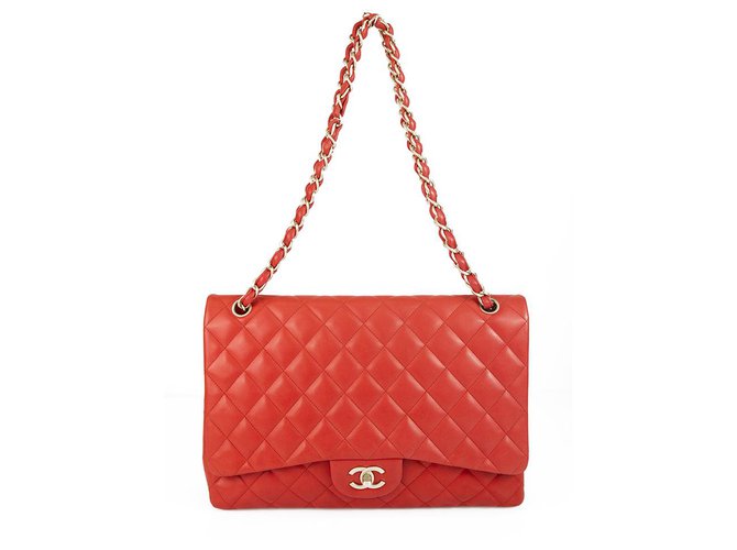 CHANEL Coral Red Lambskin Leather Classic Single Flap Jumbo Bag