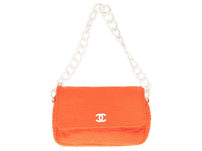 Timeless Chanel classico in cotone divorato riccioli arancione e finiture in plastica bianca  ref.180131