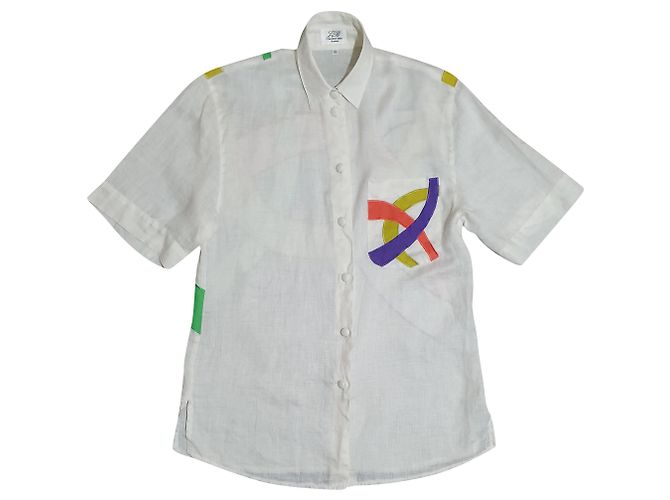 Vintage Camicia Oversize Jacques Britt Bianca in Lino Bianco Multicolore