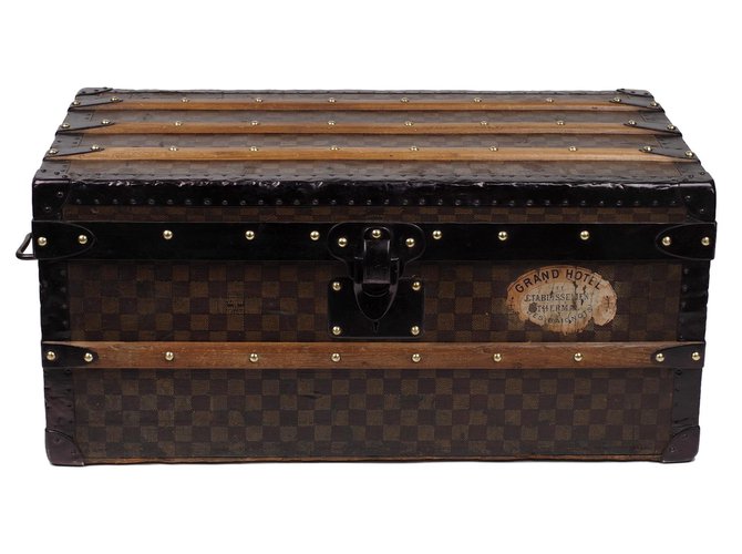 Soberba mala Louis Vuitton Cabin em estêncil de lona quadriculada, CERCA DE 1900 Marrom Madeira  ref.180146