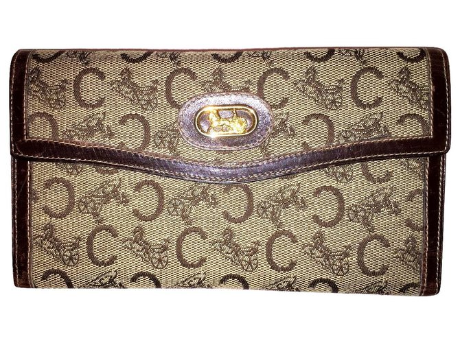 Céline CELINE vintage wallet Sulky flap Brown Beige Leather Cloth  ref.180416