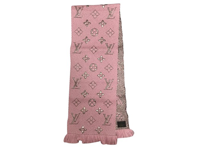Sciarpa Louis Vuitton Logomania rosa Soie Polyester Laine Rose  ref.181355