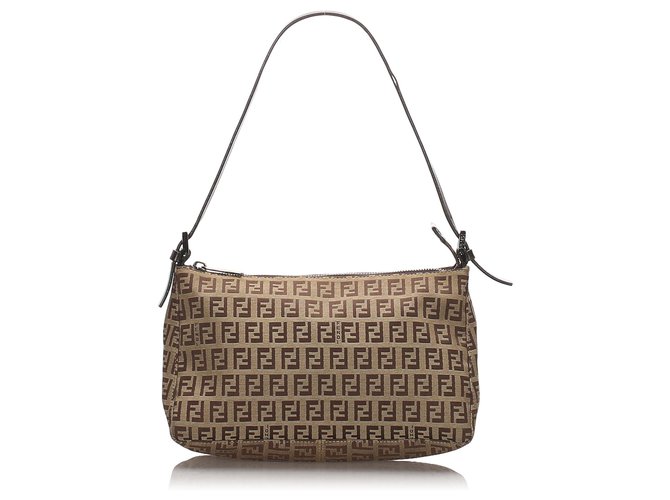 Fendi Brown Zucchino Canvas Baguette Black Light brown Leather Cloth Pony-style calfskin Cloth  ref.181759