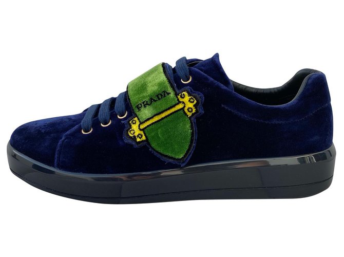 Prada sneakers Cuir Velours Caoutchouc Noir Vert Bleu Marine  ref.181780