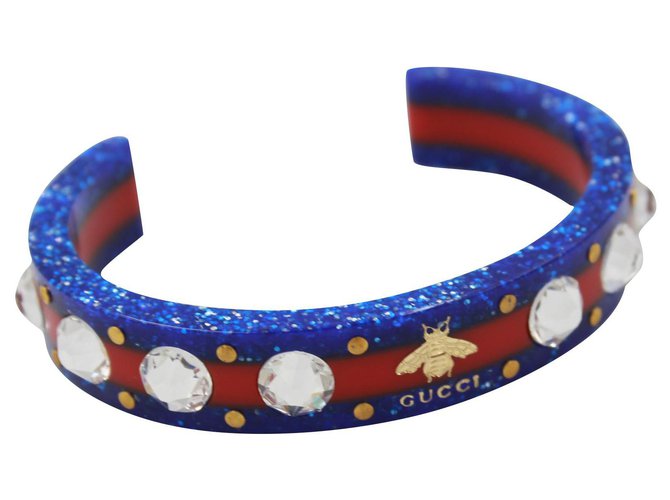 Bracelet Gucci en plastique rouge et bleu, avec une abeille et des strass Multicolore  ref.182233
