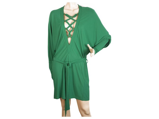 Balmain Green Criss Cross Deep V Neckline Dolman Sleeve Mini Length Dress 36 Viscose  ref.182323