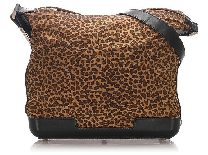 Bottega Veneta Brown Leopard Print Shoulder Bag Black Leather Pony-style calfskin Nylon Cloth  ref.182379
