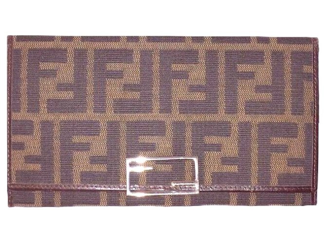 FENDI wallet Zucca fabric and leather Brown Beige Cloth  ref.182625