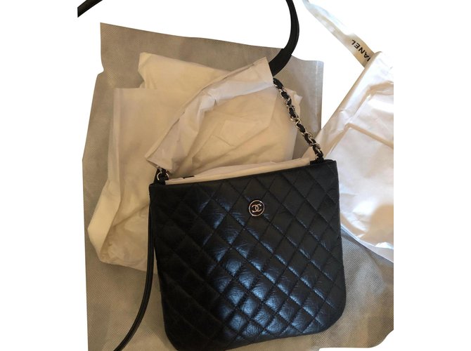 Wallet On Chain Chanel, Uniform shoulder bag Black Silvery Leather  ref.182636