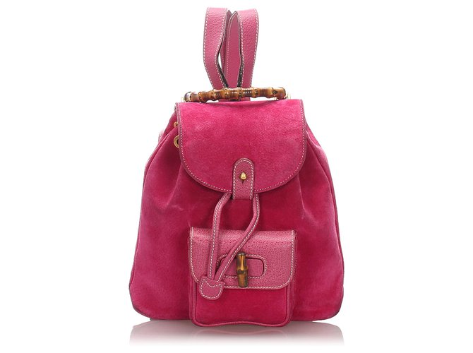 Gucci Pink Bamboo Suede Drawstring Backpack Leather Wood  ref.182729