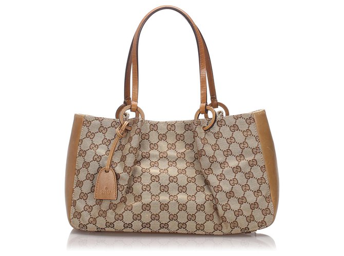 Gucci Brown GG Canvas Tote Bag Beige Leather Cloth Pony-style calfskin Cloth  ref.182730