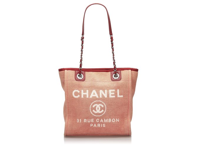 Chanel Red Small Deauville Tote White Leather Cloth Cloth  ref.182745