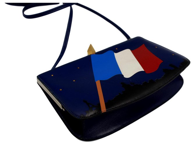 Hermès Sac à Malice em couro azul, com a bandeira francesa em retalhos de couro  ref.183176