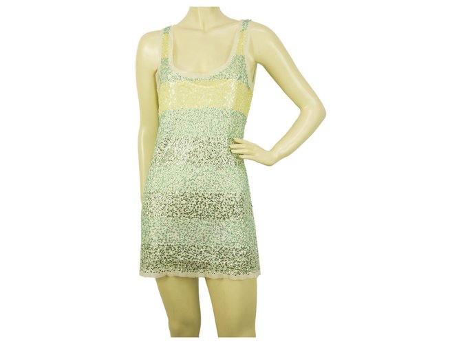 DKNY Lentejuelas sin mangas a rayas verdes y amarillas 100% Mini vestido de longitud sz S Blanco Amarillo Verde claro Nylon  ref.183244