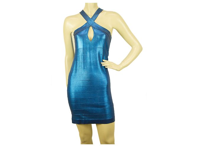PINKO Blue Stretch Bodycon Mini Länge Viskose Elastan Ärmelloses Kleid Gr. M. Blau