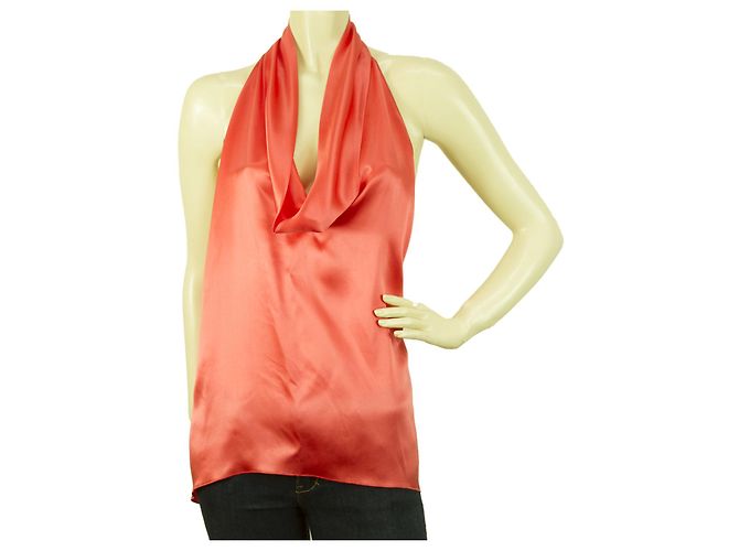 Stephan Janson Fazzoletto color pesca Halter Silk Top Open Back Bluse