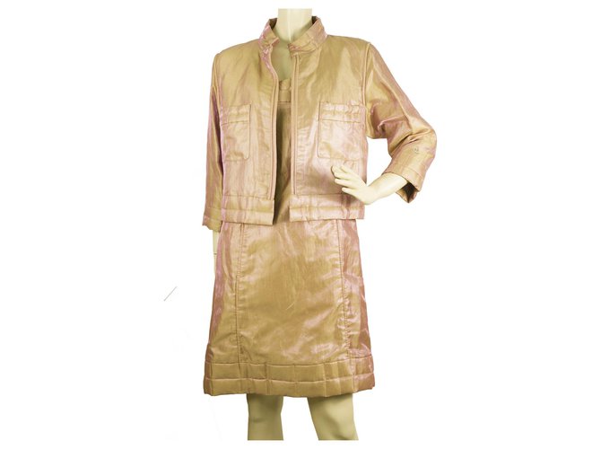 CHANEL Peachy Pink Shiny Moire Short Zipper Jacket Mini Dress Suit Set sz 36 Linen  ref.183328