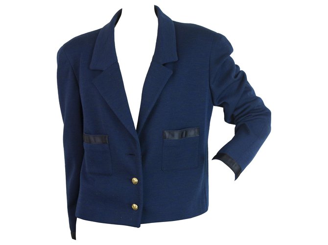 CHANEL Vintage Blue Gold Buttons Single Brusted Short Jacket size 42 Laine Bleu  ref.183330