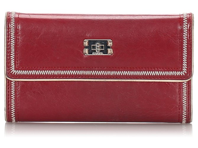 Chanel Red Leather Tri-fold Wallet Pony-style calfskin  ref.183363