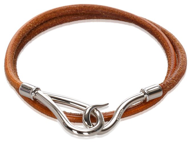Hermès Bracelet de visite doublé de crochets en cuir marron Hermes Métal Veau façon poulain Argenté  ref.183367