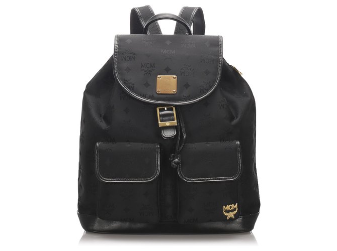MCM Black Visetos Nylon Drawstring Backpack Leather Pony-style calfskin Cloth  ref.183381