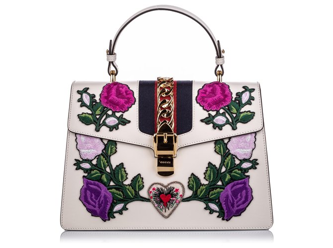 Gucci White Medium Embroidered Leather Sylvie Satchel Multiple colors Pony-style calfskin  ref.183441