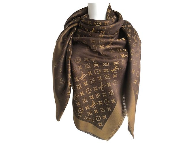 Louis Vuitton Sciarpa Monucham Tuch Silk Marrone D'oro Seta Lana