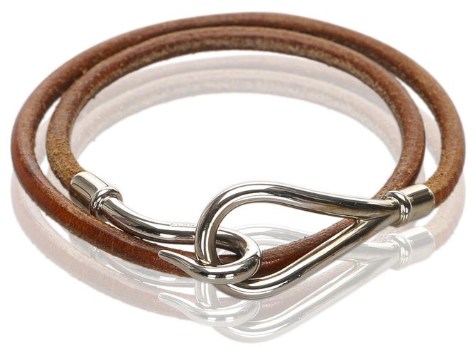 Hermès Bracelet de visite doublé de crochets en cuir marron Hermes Métal Veau façon poulain Argenté  ref.183550