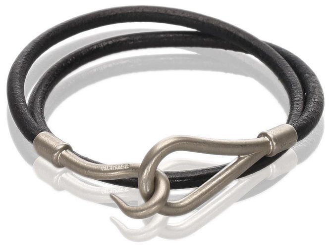 Hermès Bracelet de visite doublé de crochet en cuir noir Hermes Métal Veau façon poulain Argenté  ref.183560