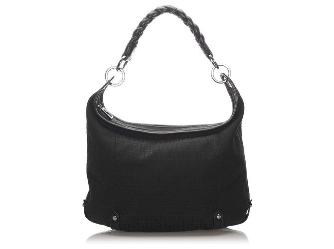 Fendi Black Zucchino Canvas Shoulder Bag Leather Cloth Pony-style calfskin Cloth  ref.183561