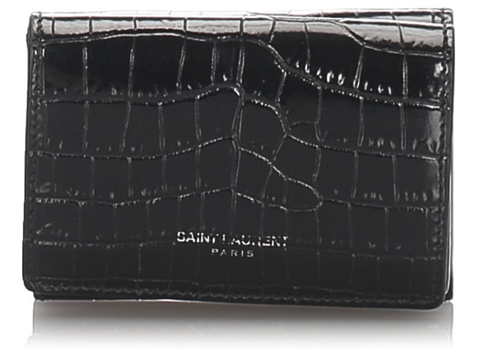 Yves Saint Laurent Cartera compacta en relieve de cocodrilo negro YSL Cuero Becerro  ref.183708