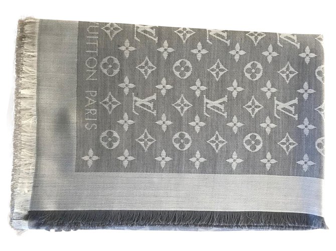 Scialle Louis Vuitton Denim grigio Seta Lana  ref.183810