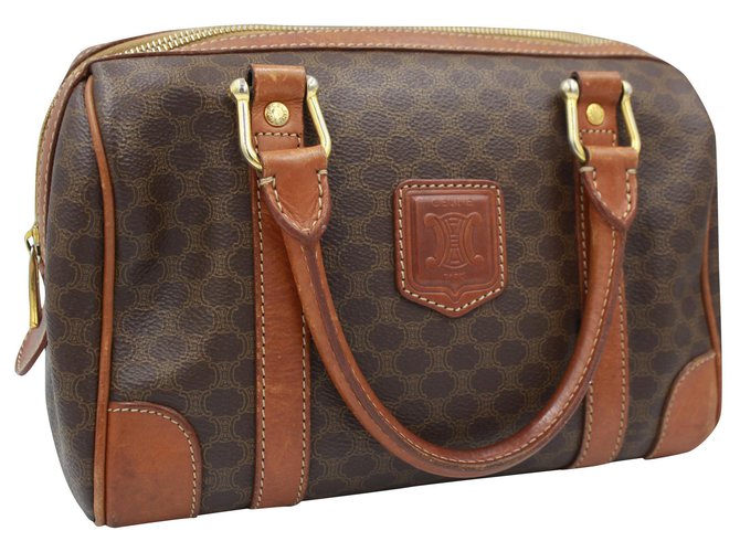 Celine Vintage Brown Macadam Canvas Handbag Boston Bag