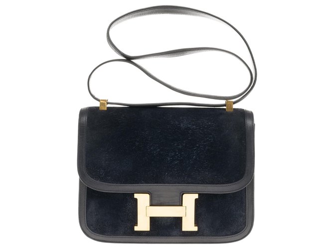 Rare Hermès Constance Doblis in box leather and navy blue shearling, gold plated metal trim  ref.183950
