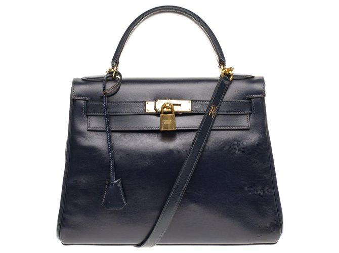 Hermès hermes kelly 28 navy blue box leather strap, gold plated metal trim  ref.183971